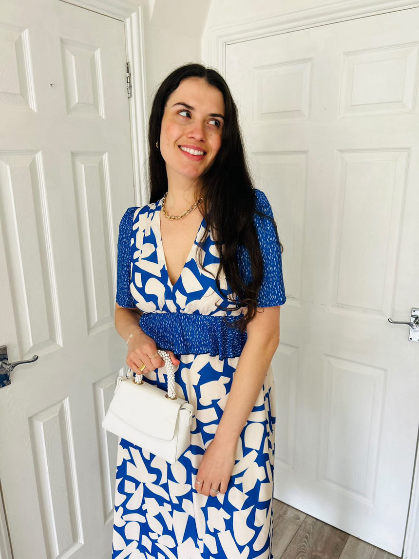 The Keke Dress in Blue Geo Contrast Print
