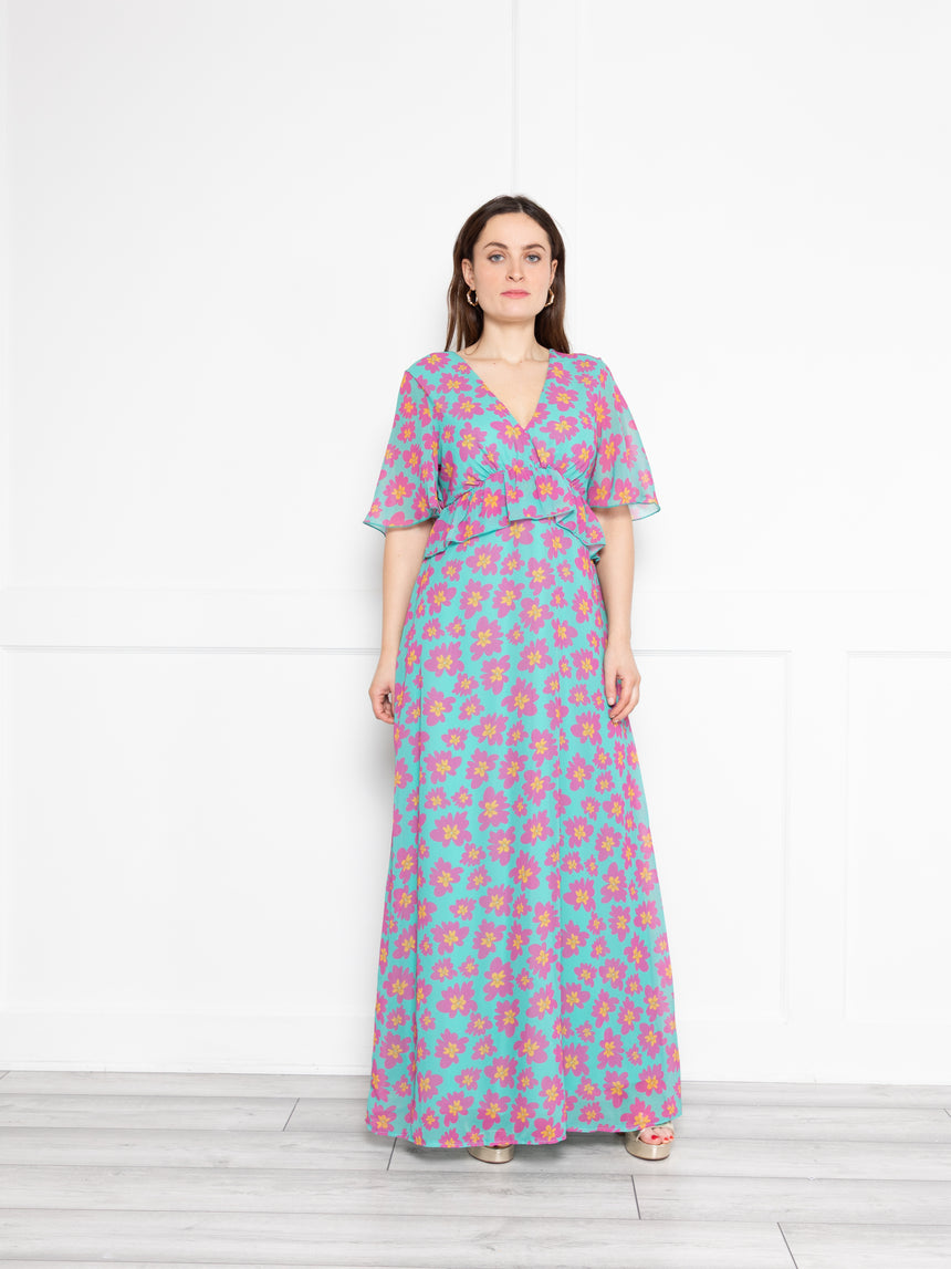 pink and turquoise floral maxi dress