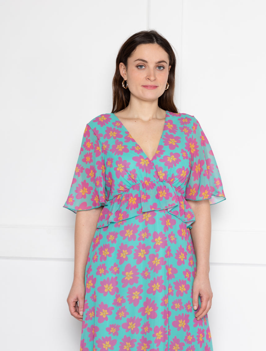 pink and turquoise floral maxi dress