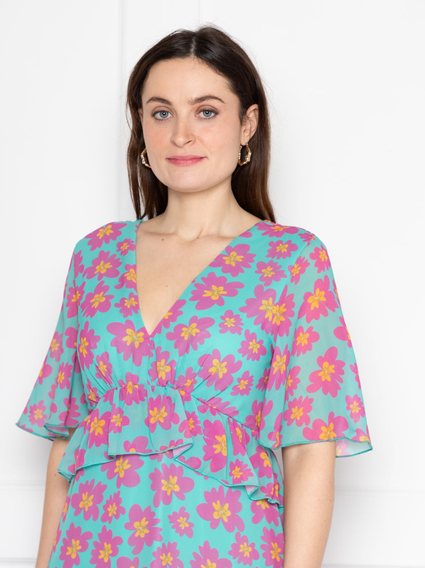 pink and turquoise floral maxi dress