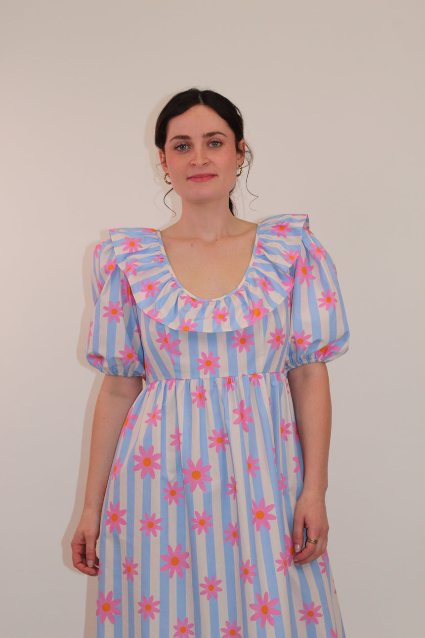Cotton Maxi Dress in Daisy Striped Print