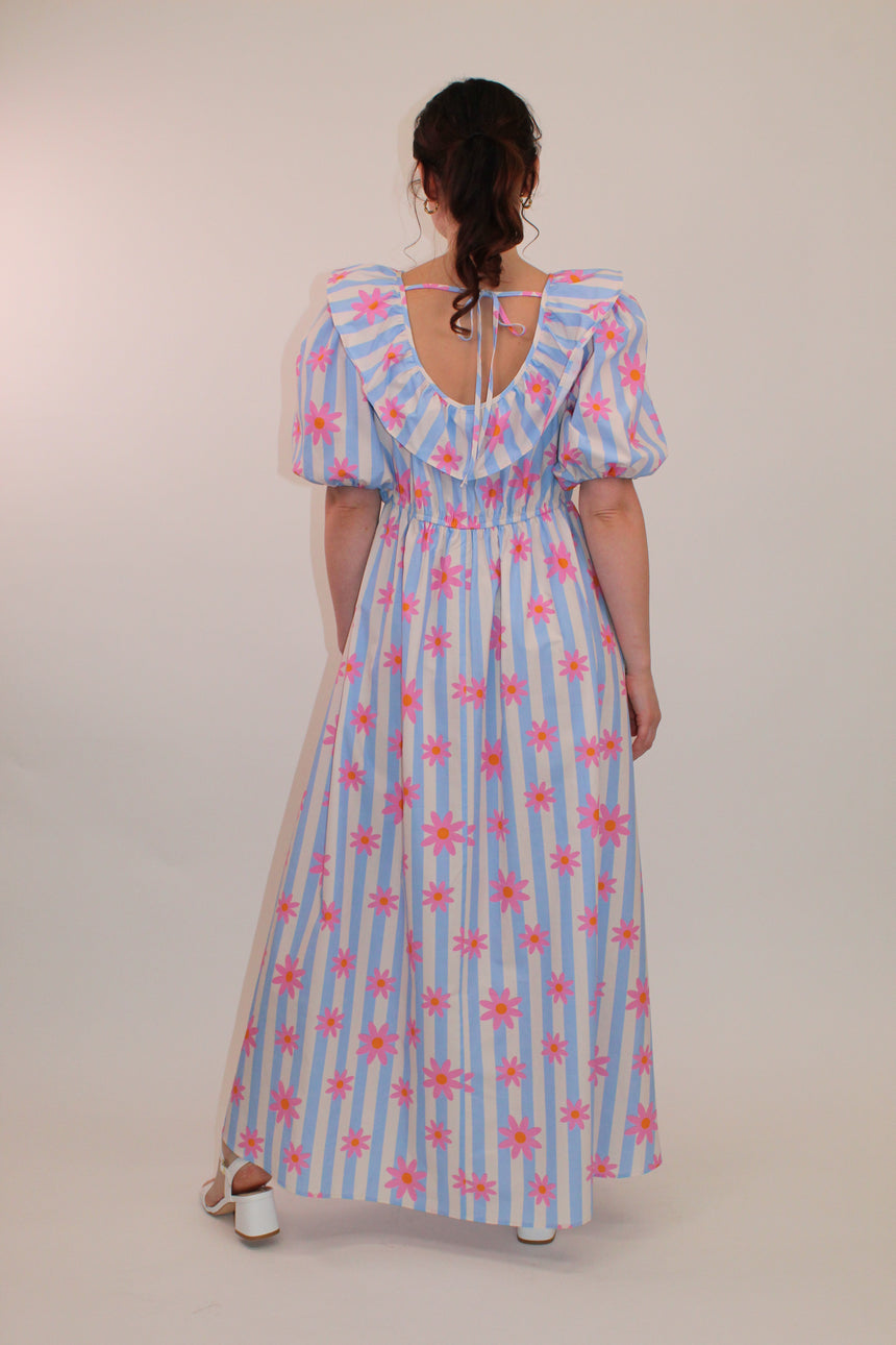 Cotton Maxi Dress in Daisy Striped Print