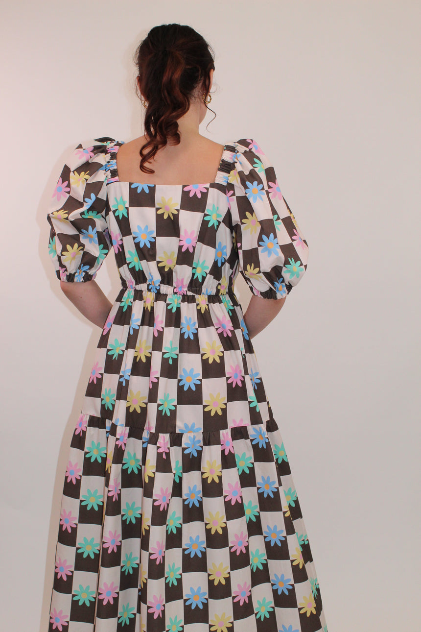 Cotton Check Floral Maxi Dress