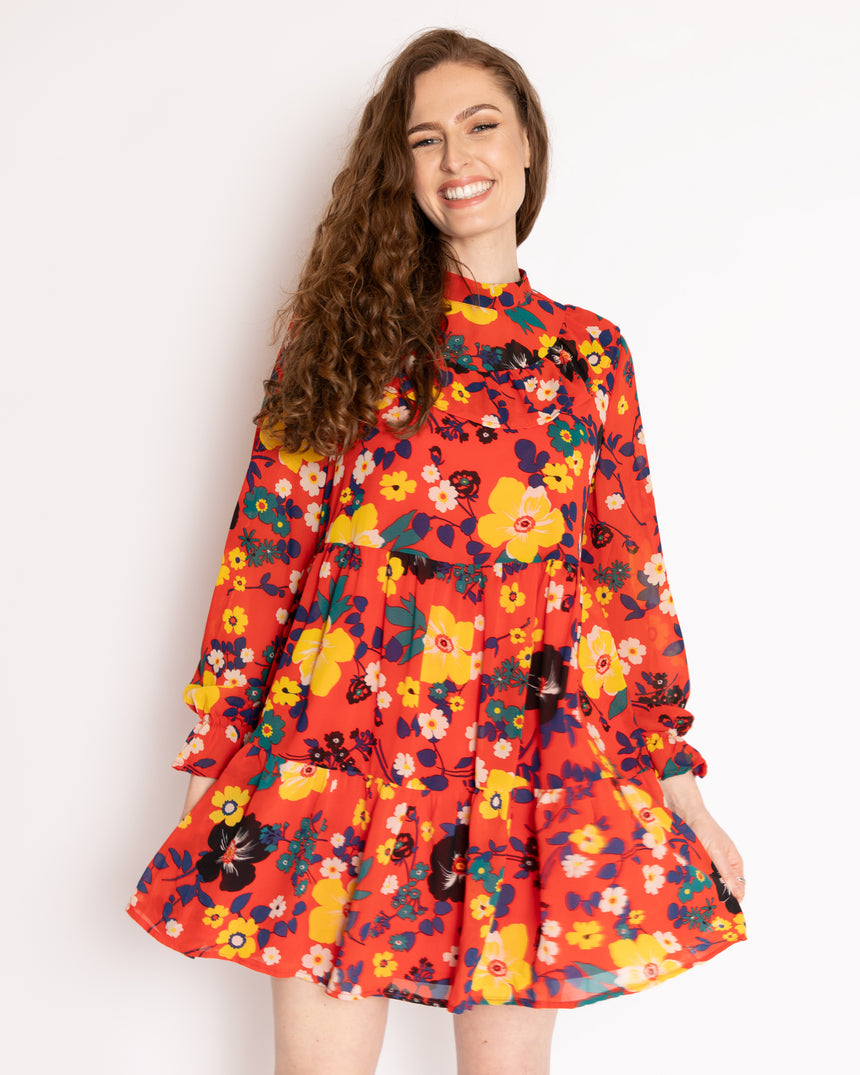 The Patsy Tiered Dress in Red Floral