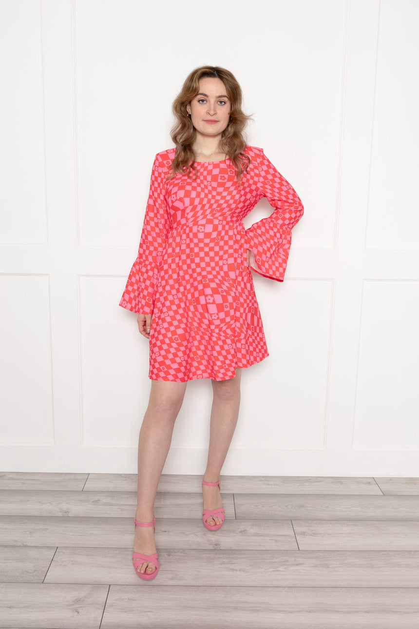 Bell Sleeve Mini Dress in Check Print