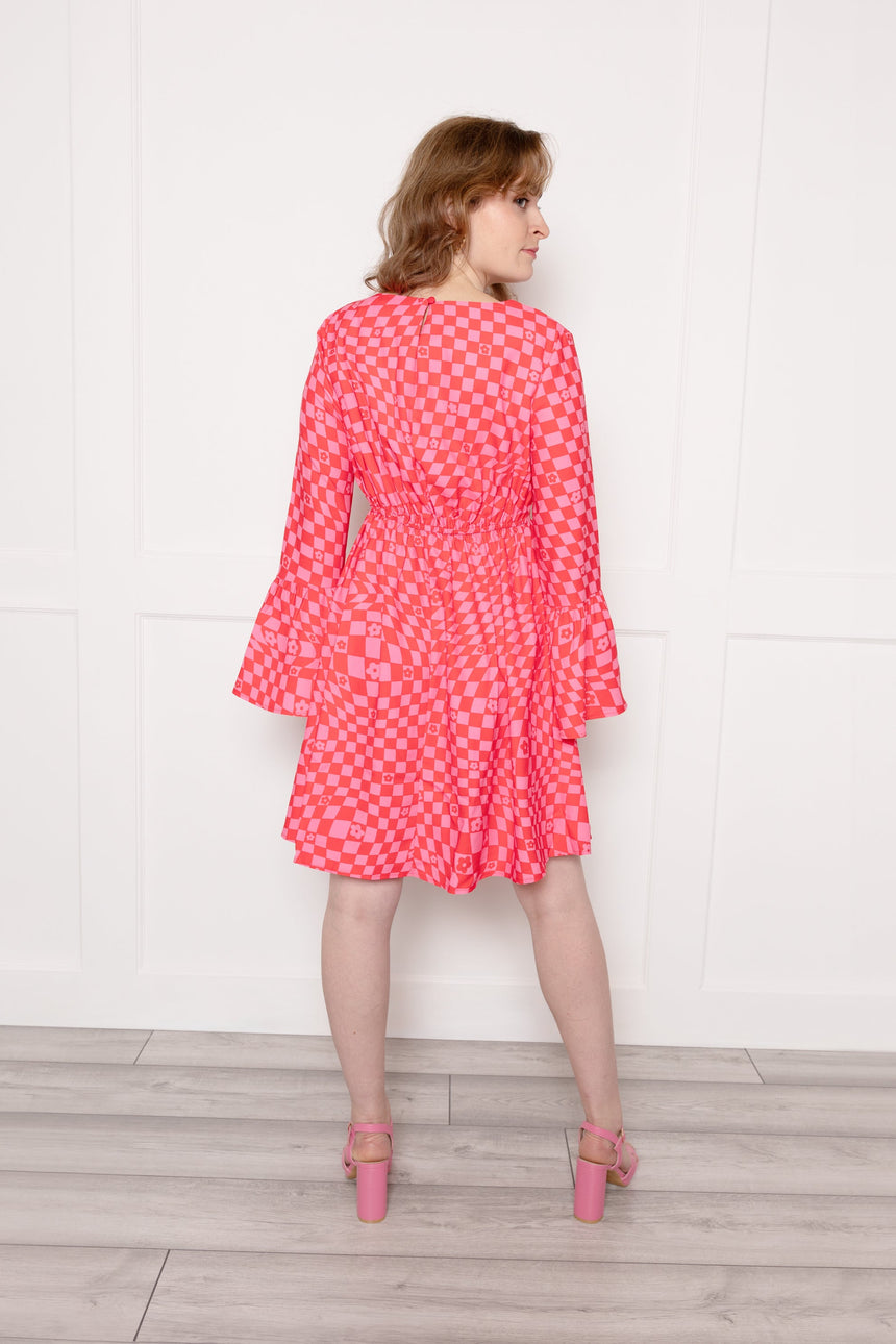 Bell Sleeve Mini Dress in Check Print