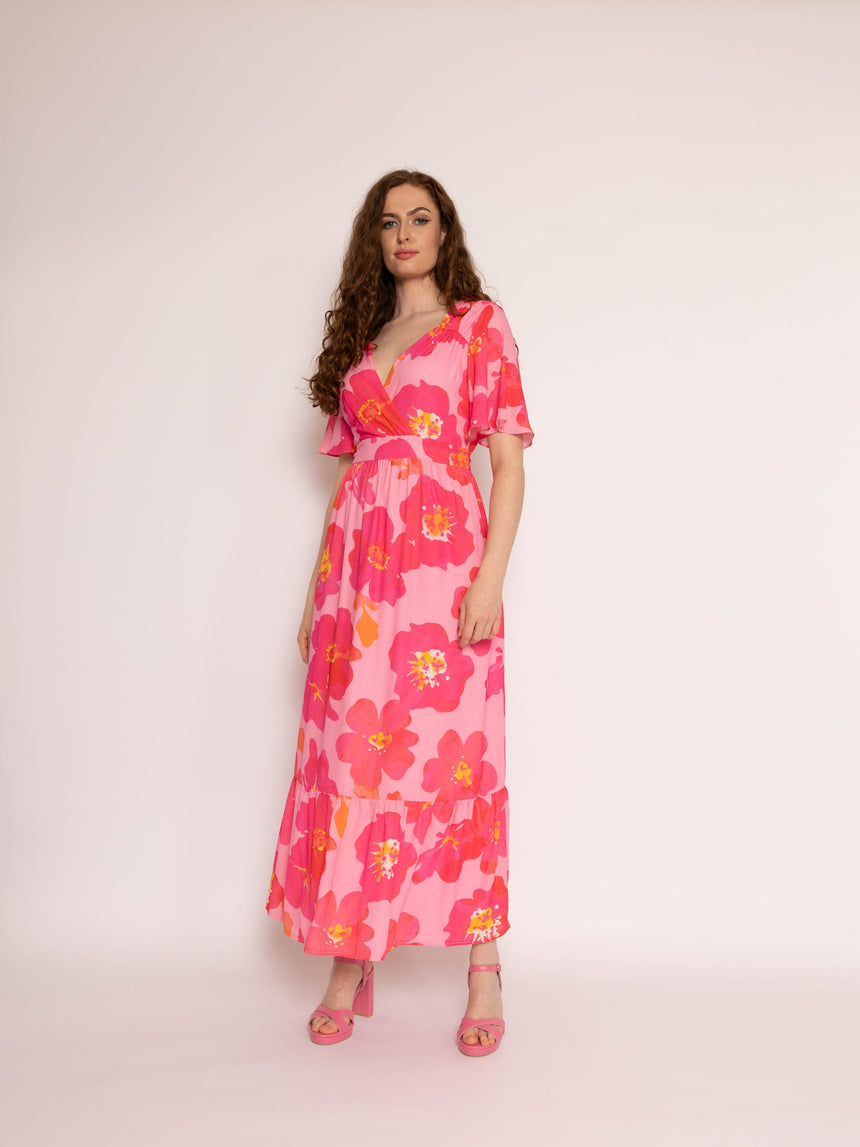Pink Flower Chiffon Frill Hem Maxi Dress