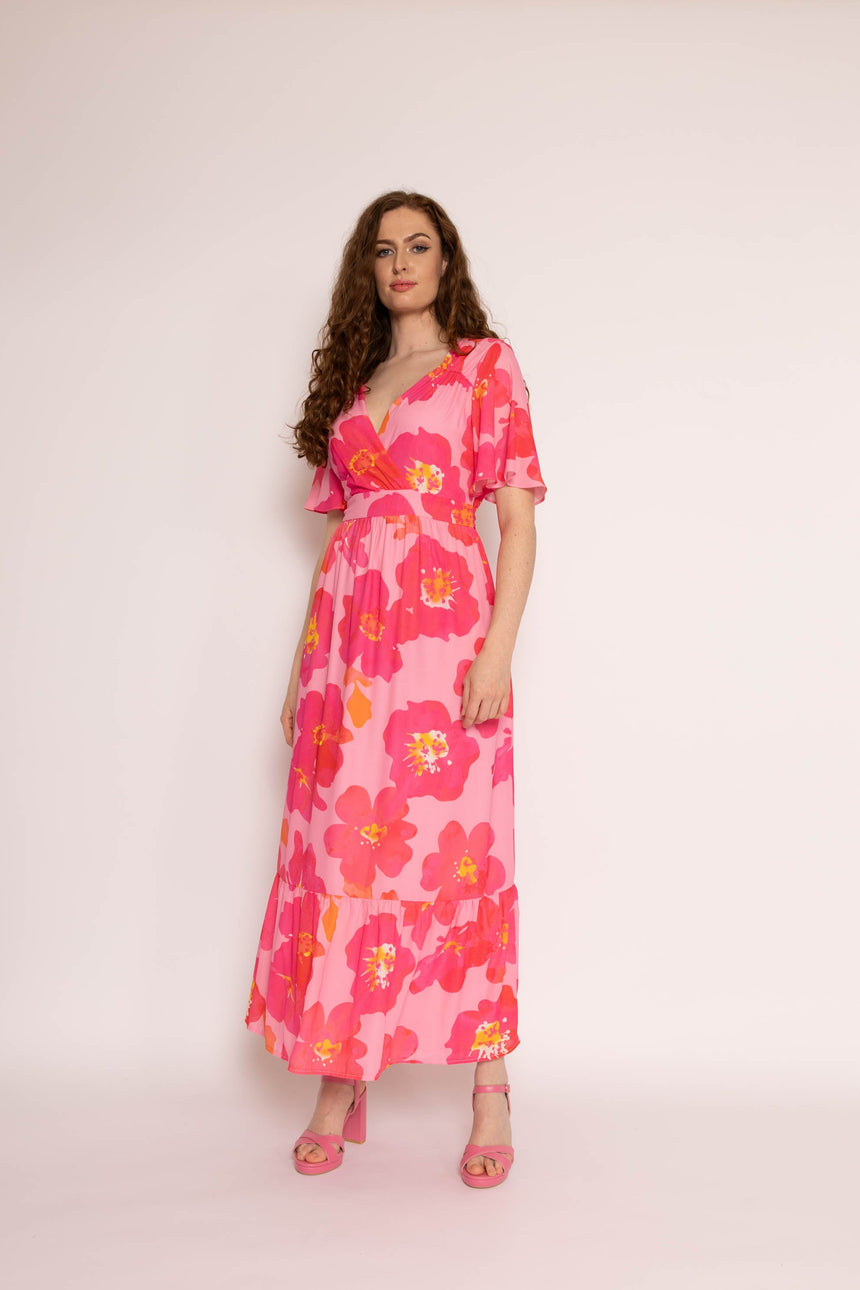 Pink Flower Chiffon Frill Hem Maxi Dress