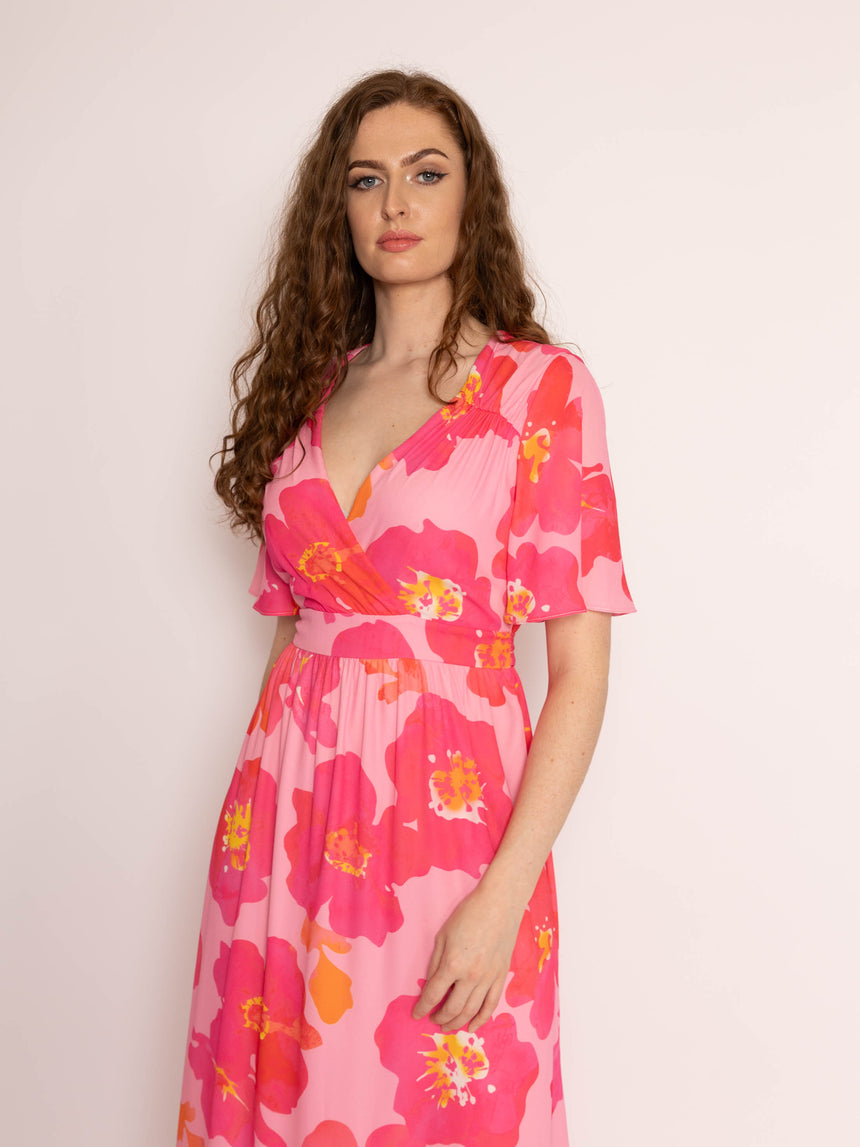 Pink Flower Chiffon Frill Hem Maxi Dress