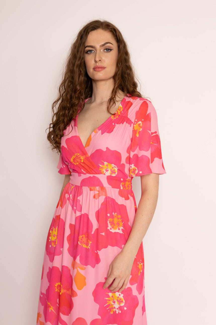 Pink Flower Chiffon Frill Hem Maxi Dress