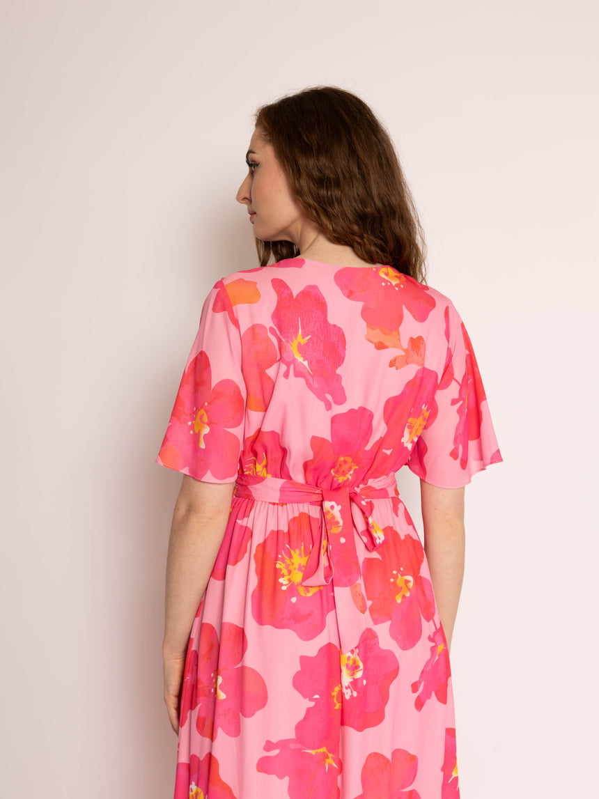 Pink Flower Chiffon Frill Hem Maxi Dress