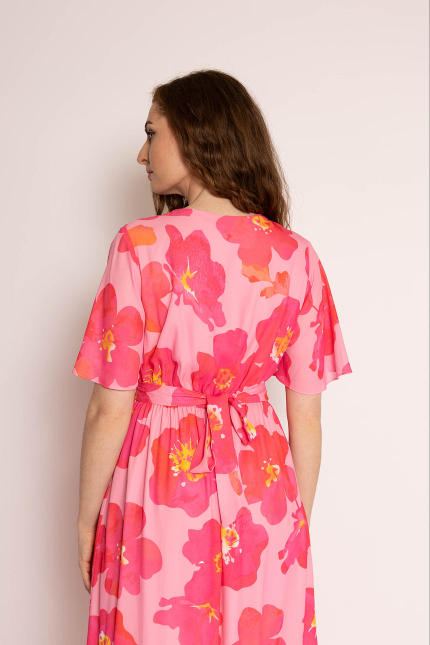 Pink Flower Chiffon Frill Hem Maxi Dress
