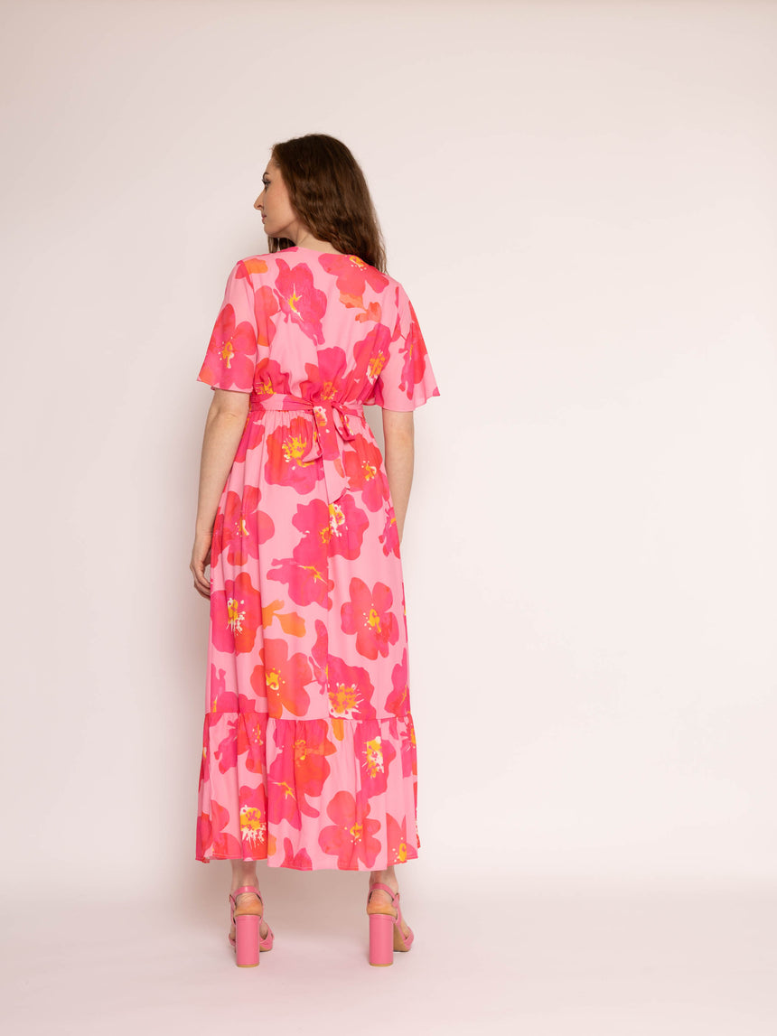 Pink Flower Chiffon Frill Hem Maxi Dress