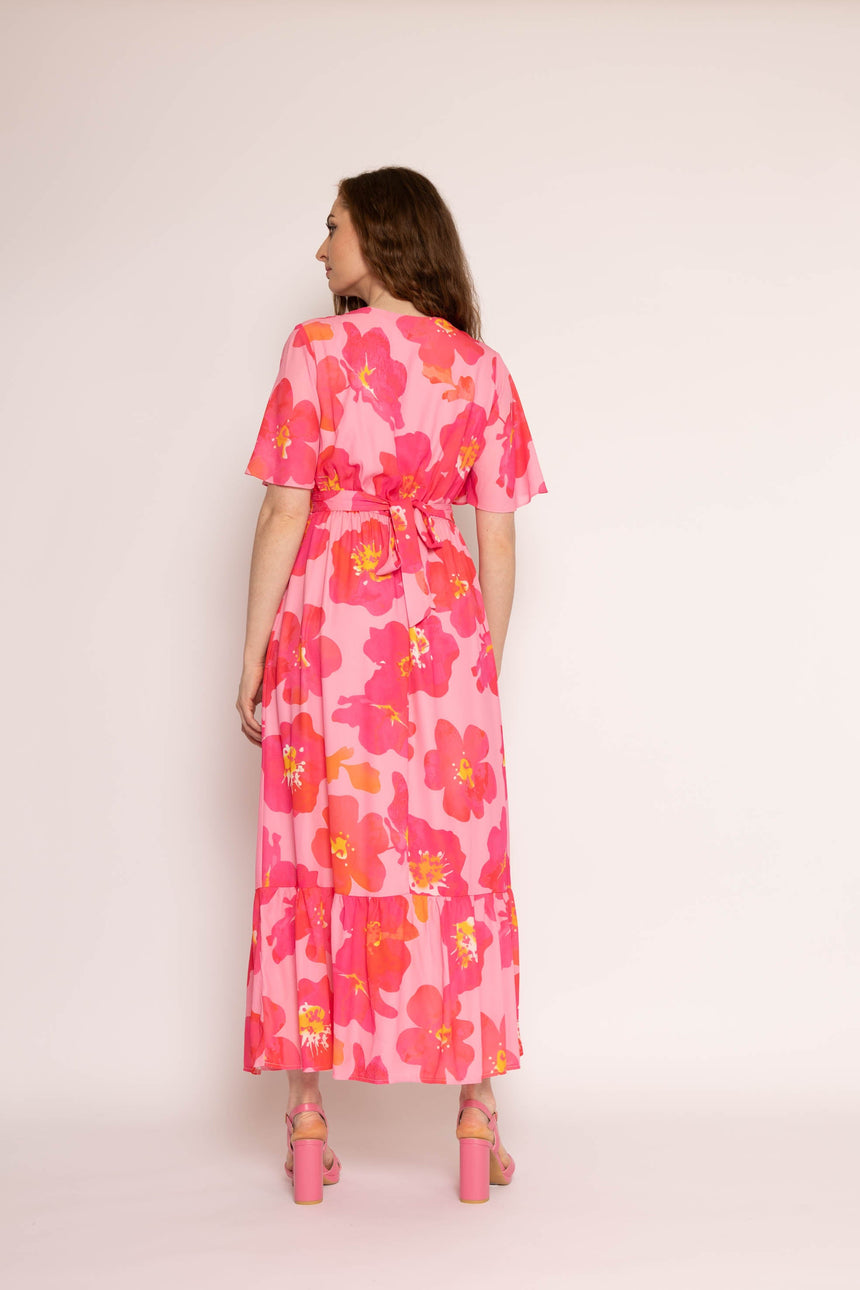 Pink Flower Chiffon Frill Hem Maxi Dress