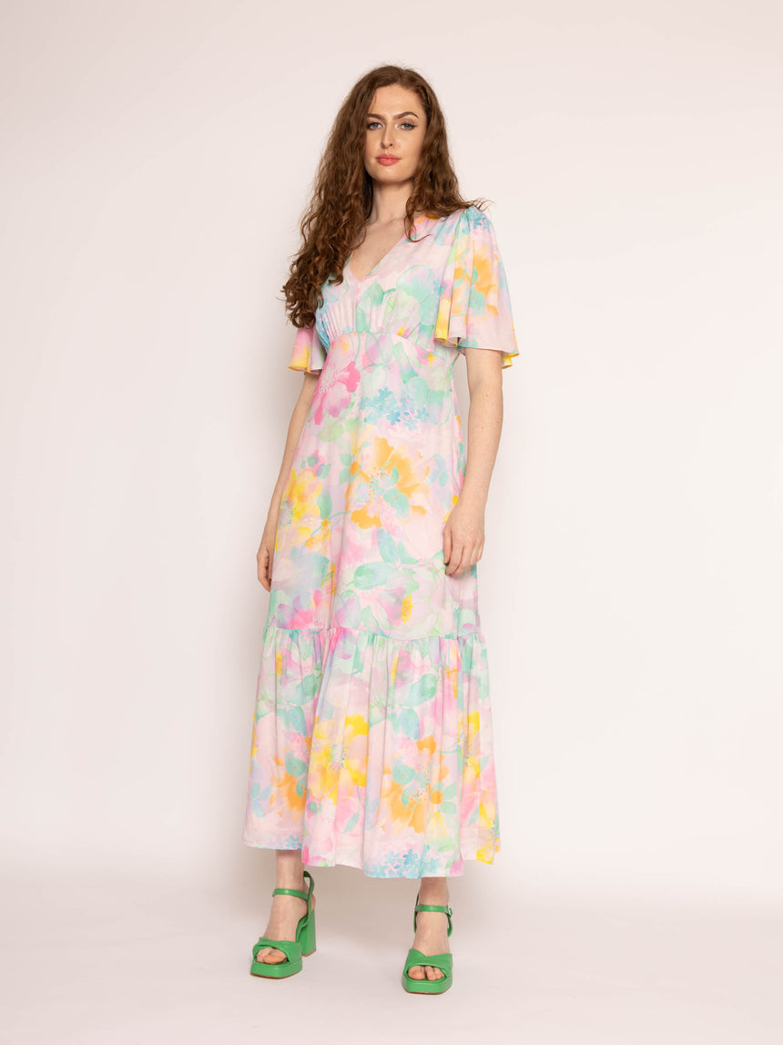 Pastel Flower Ciffon Frill Hem Maxi Dress