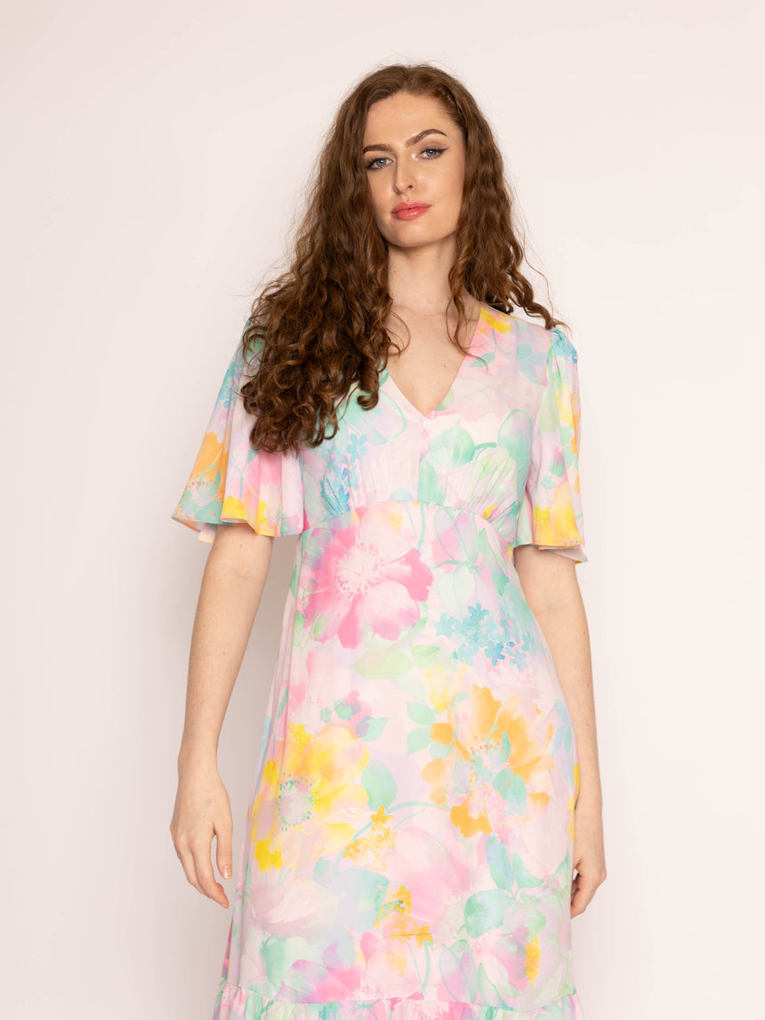 Pastel Flower Ciffon Frill Hem Maxi Dress