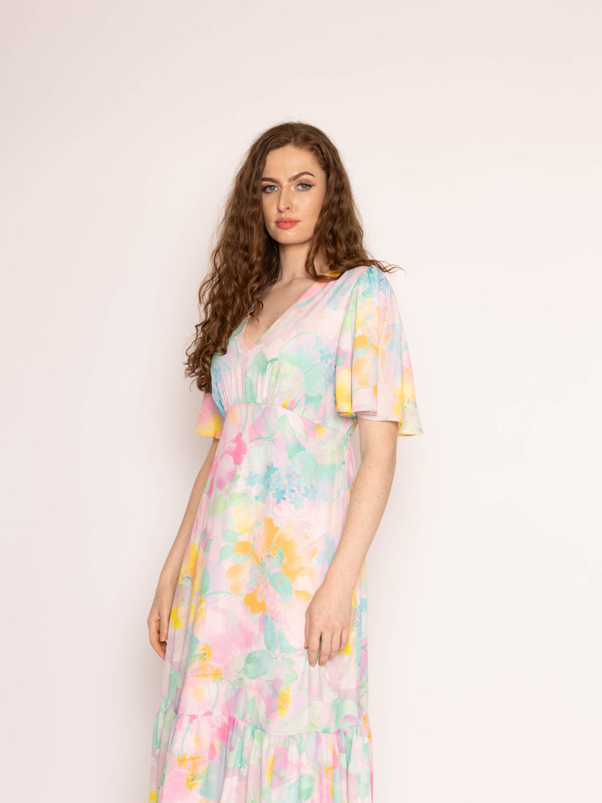 Pastel Flower Ciffon Frill Hem Maxi Dress