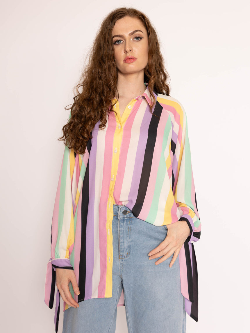 Candy Stripe Tie Cuff Oversized Shirt