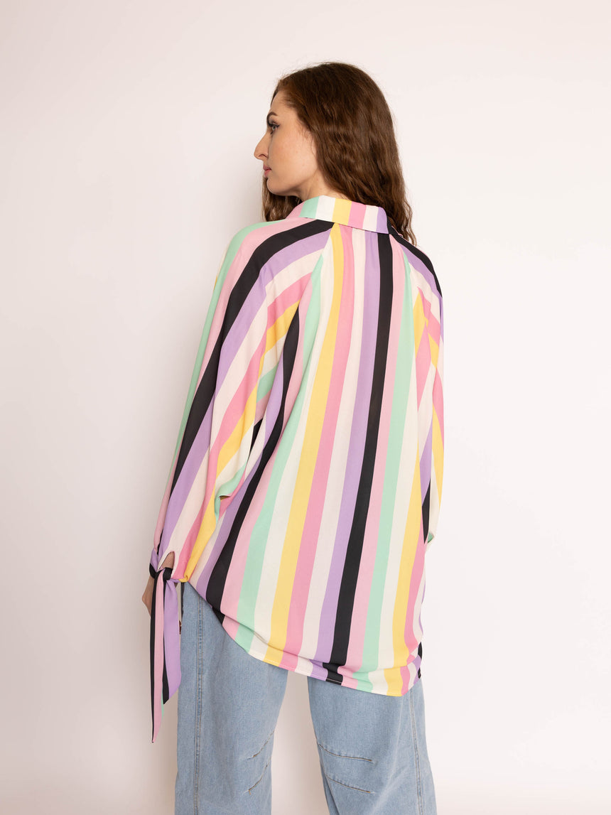 Candy Stripe Tie Cuff Oversized Shirt