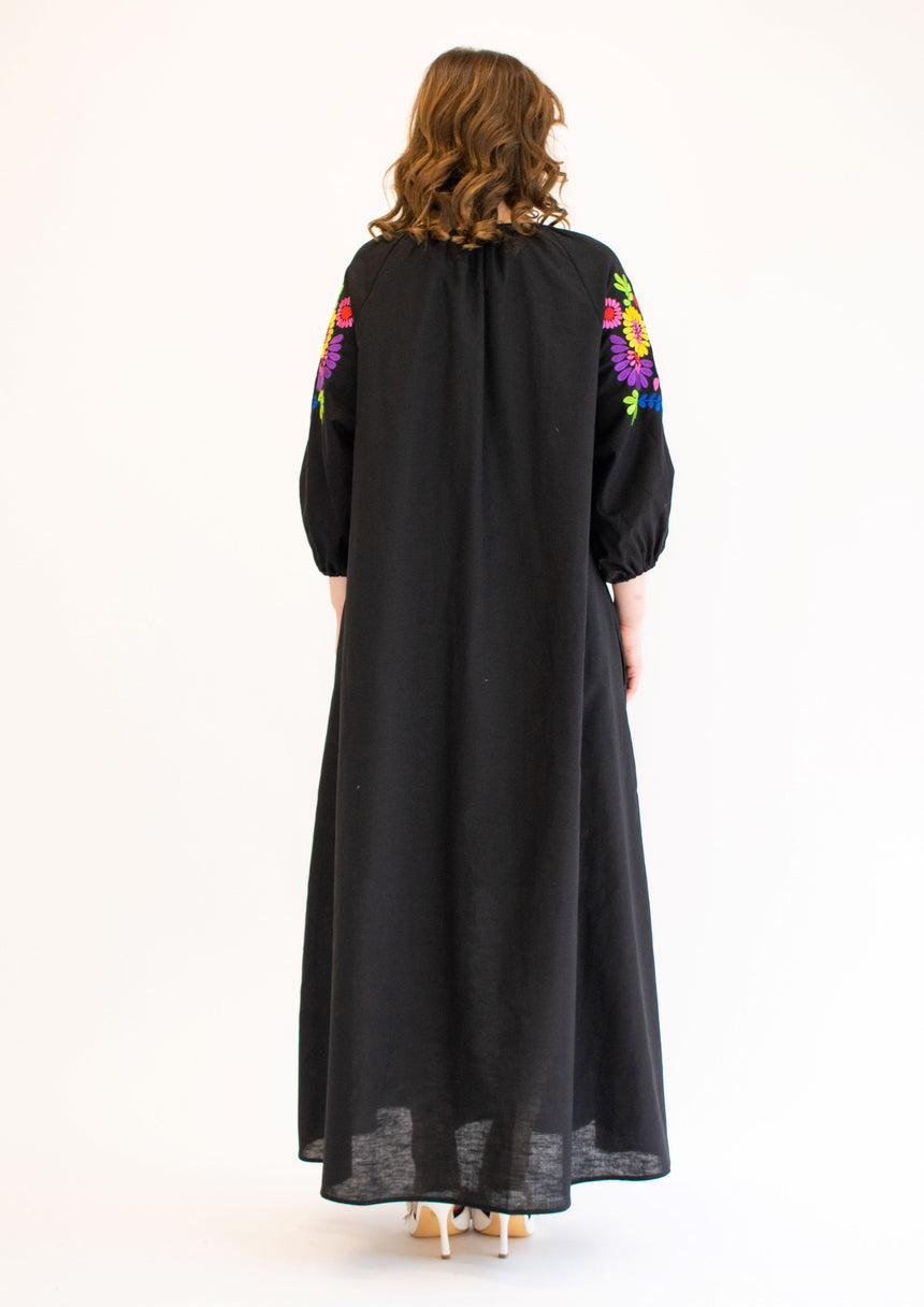Black Linen Embroidered Maxi Dress