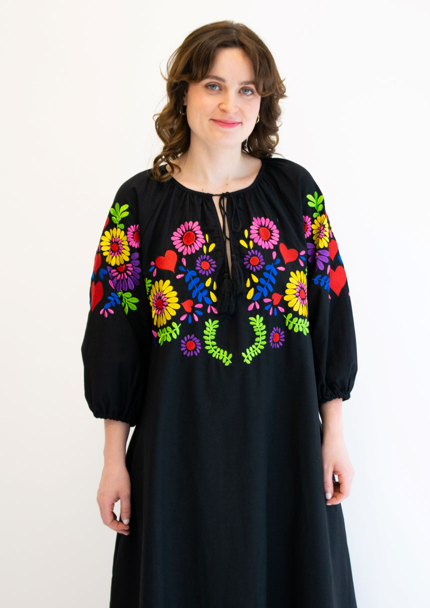 Black Linen Embroidered Maxi Dress