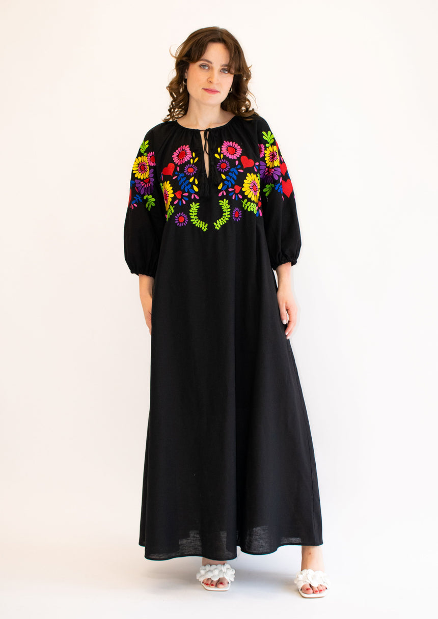 Black Linen Embroidered Maxi Dress