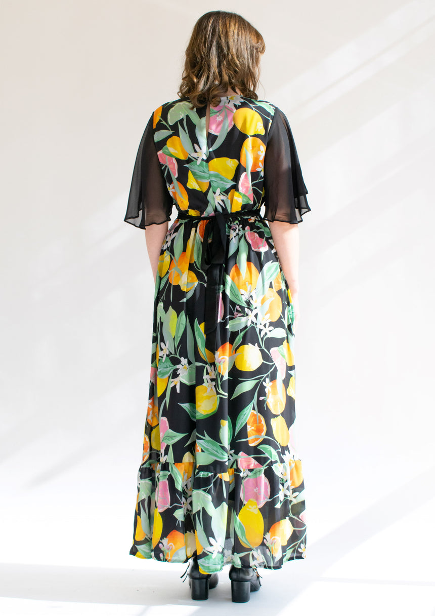 Monica Black Chiffon Fruit Frill Hem Maxi Dress