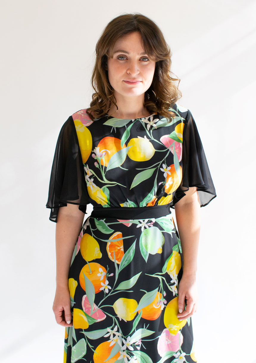 Monica Black Chiffon Fruit Frill Hem Maxi Dress