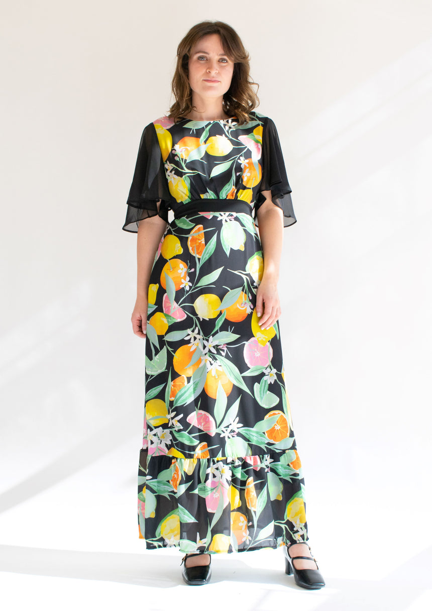 Monica Black Chiffon Fruit Frill Hem Maxi Dress