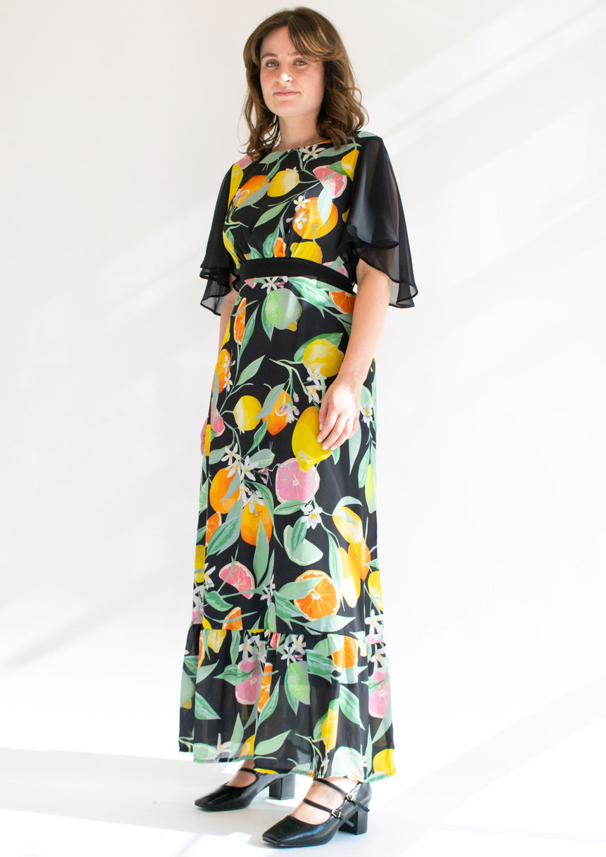 Monica Black Chiffon Fruit Frill Hem Maxi Dress