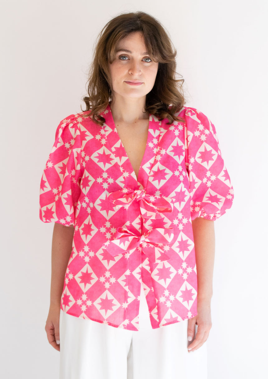 Linen Tie Front Star Blouse