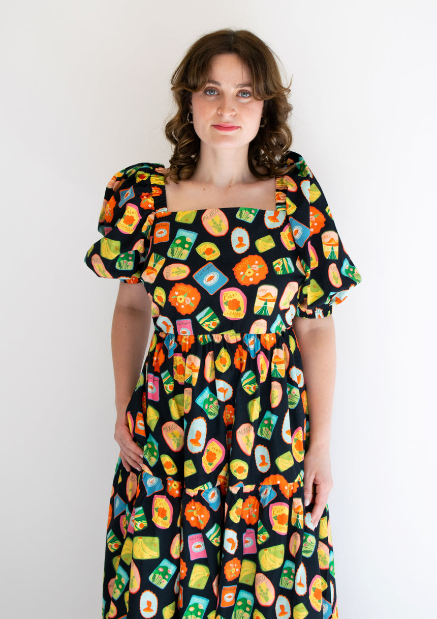 Linen post card Maxi dress square neck