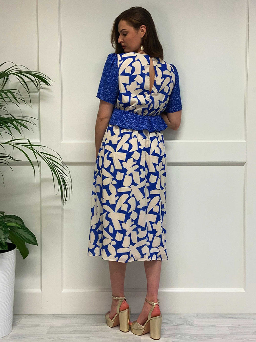 The Keke Dress in Blue Geo Contrast Print