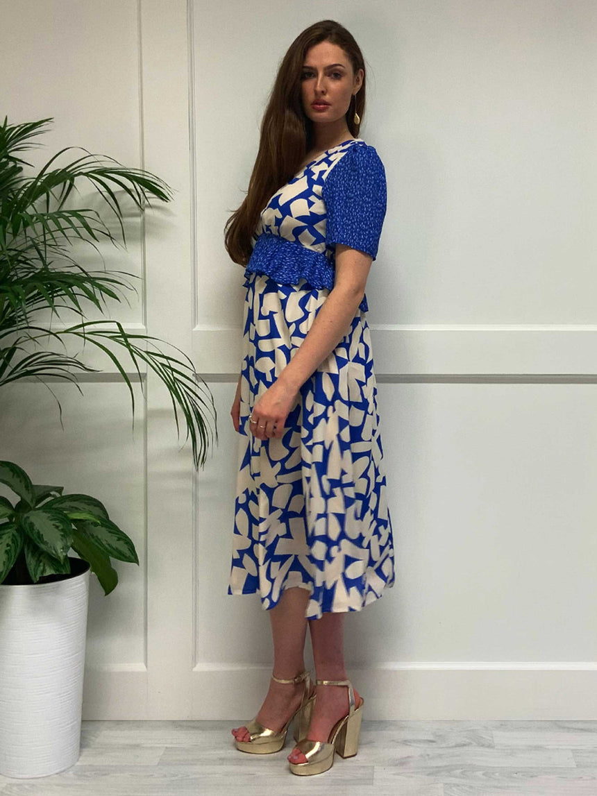 The Keke Dress in Blue Geo Contrast Print