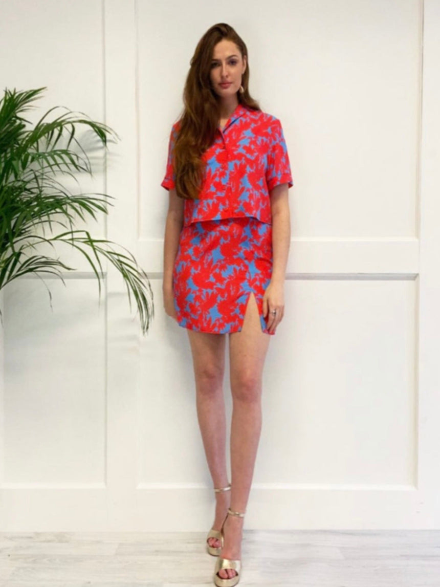 Nancy Mini Skirt with Slit in Red and Blue Floral