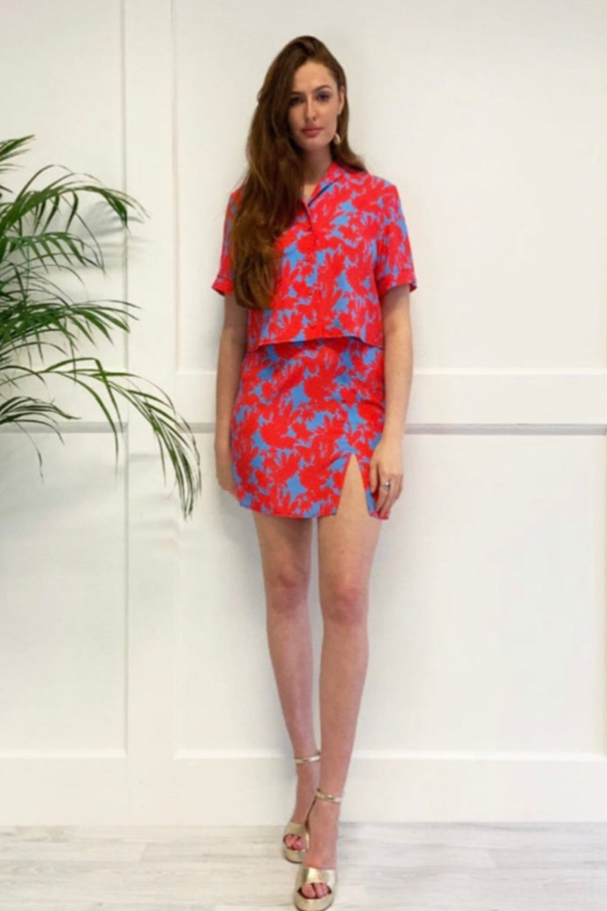 Nancy Mini Skirt with Slit in Red and Blue Floral
