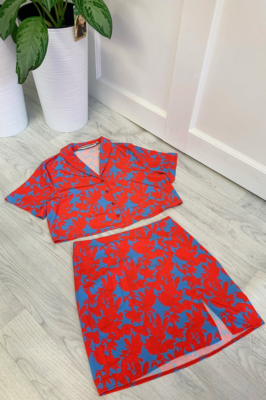 Nancy Mini Skirt with Slit in Red and Blue Floral