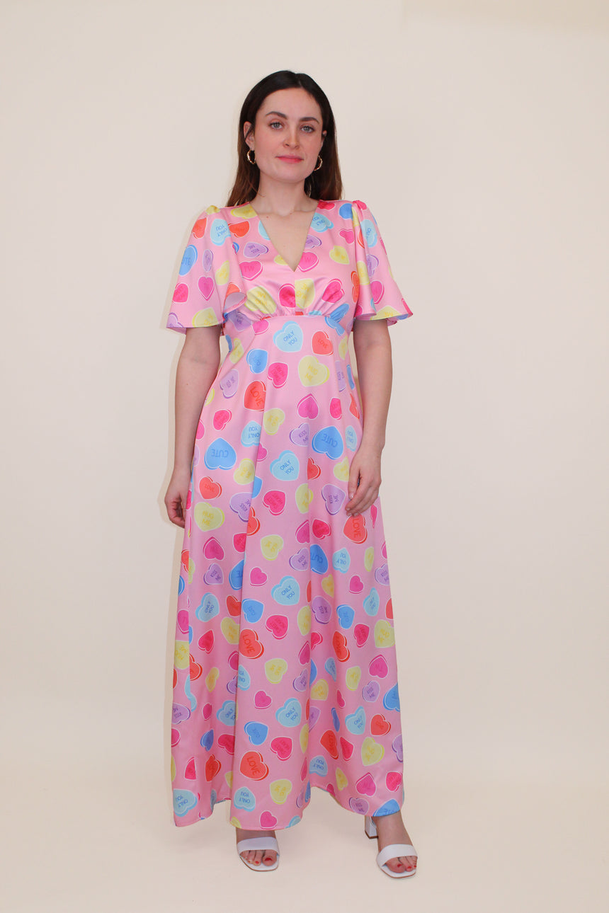 Grace Satin Maxi Dress in Love Heart Print