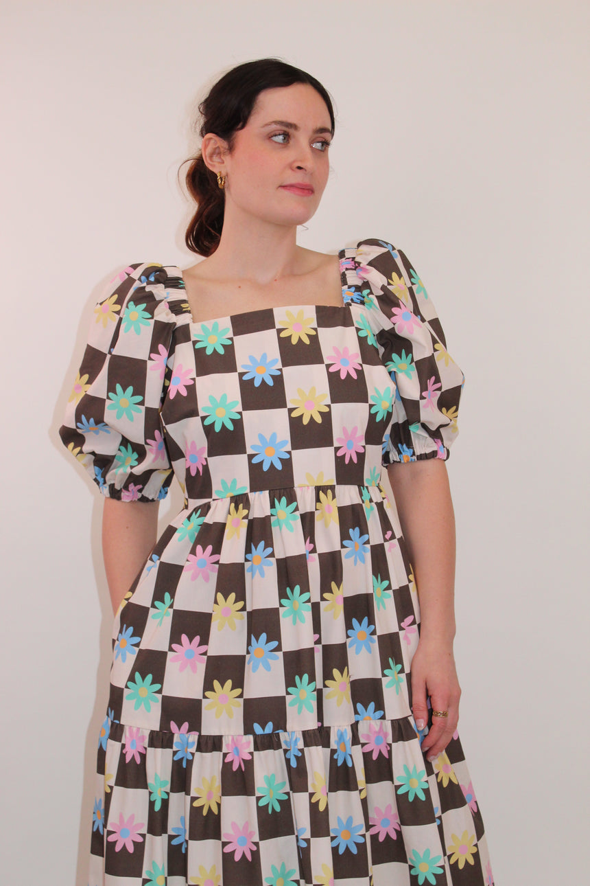 Cotton Check Floral Maxi Dress