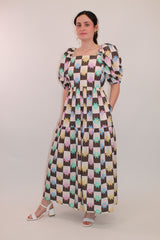 Cotton Check Floral Maxi Dress