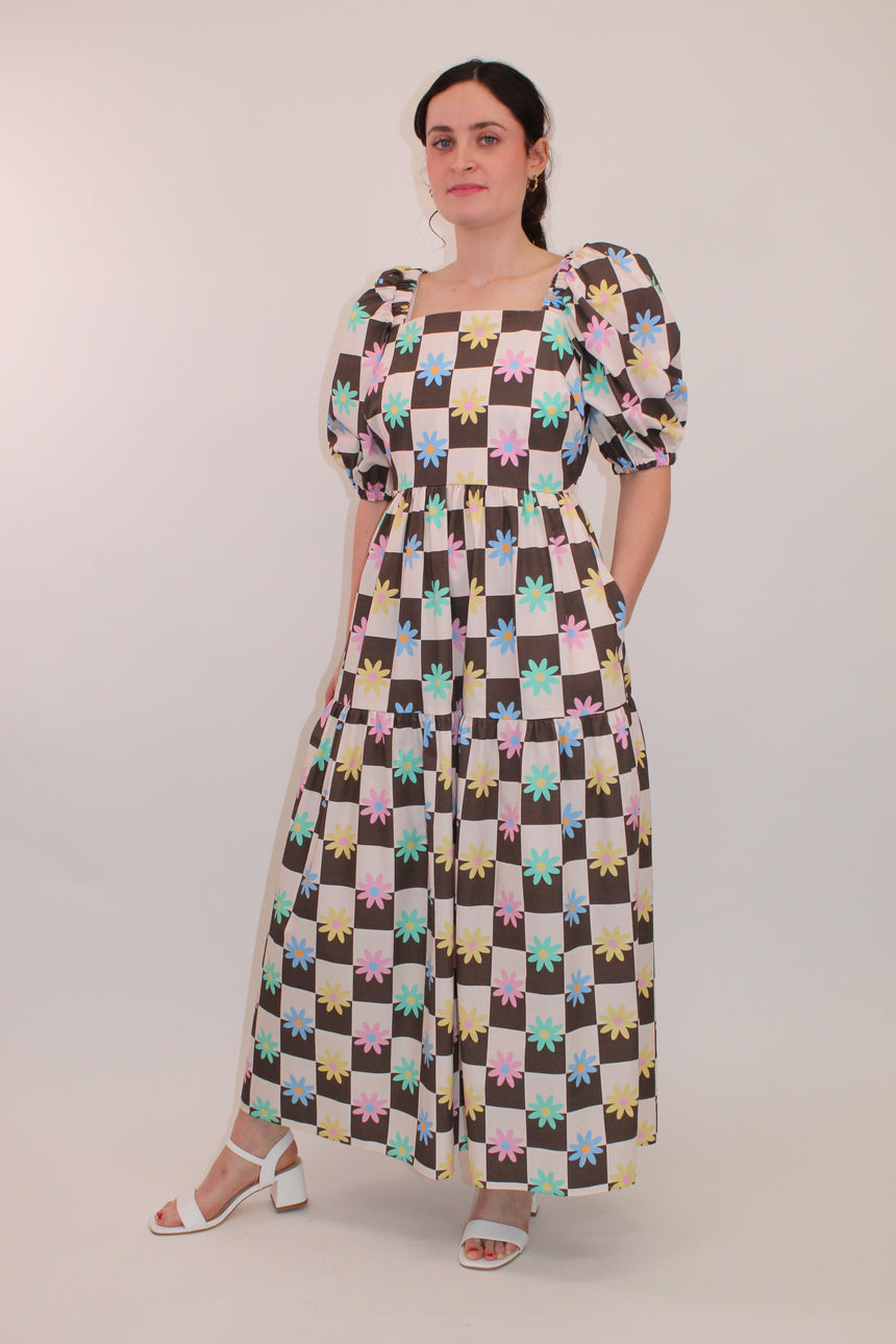 Cotton Check Floral Maxi Dress