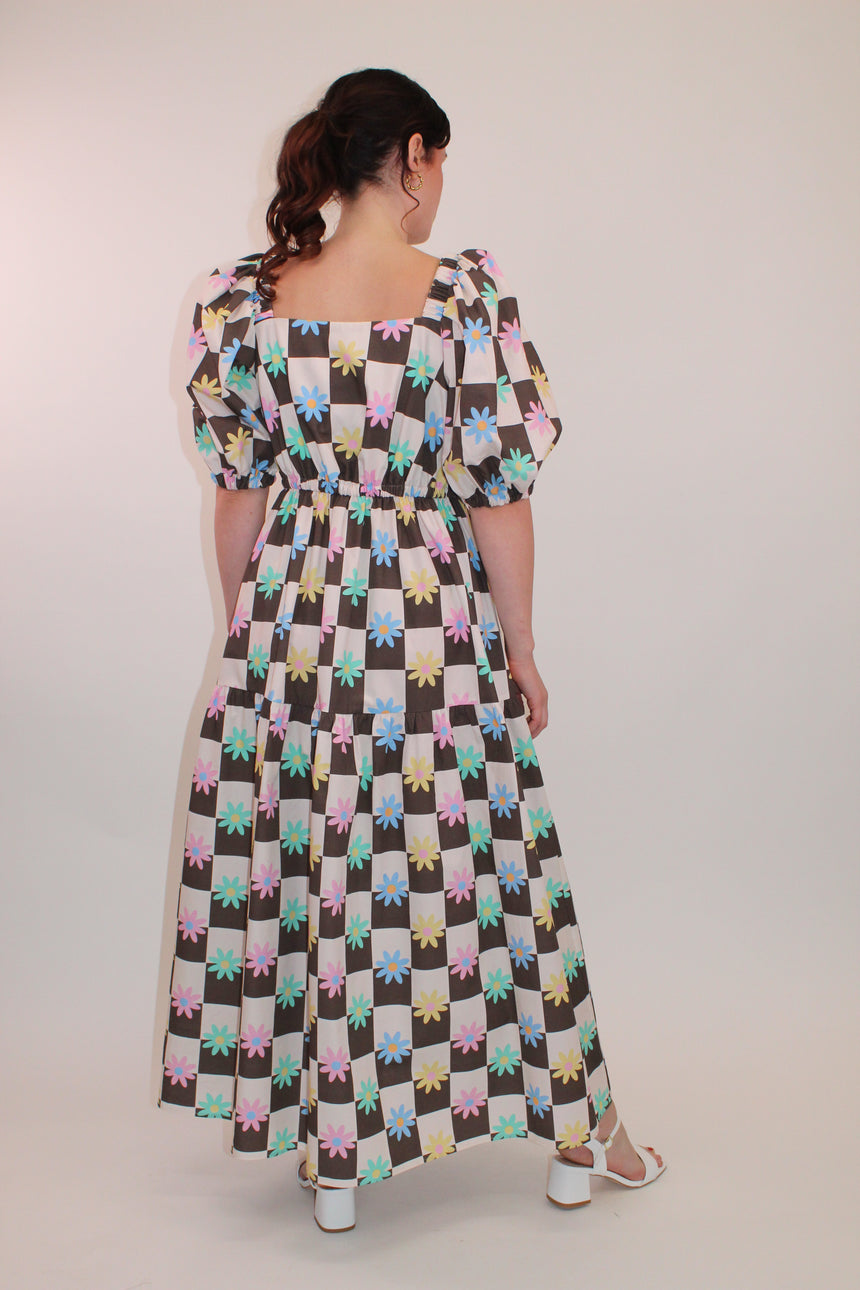 Cotton Check Floral Maxi Dress