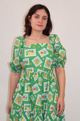 Cotton Postcard Print Midi Dress