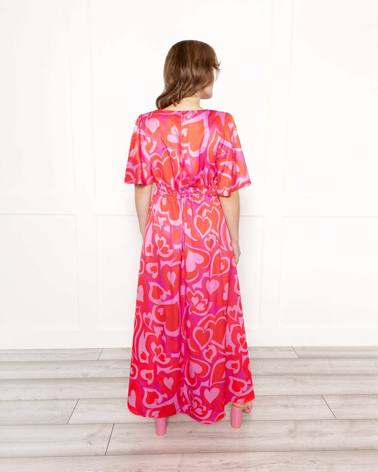 heart print maxi dress Brown Heart Print Twist Front Open Back Maxi Dress