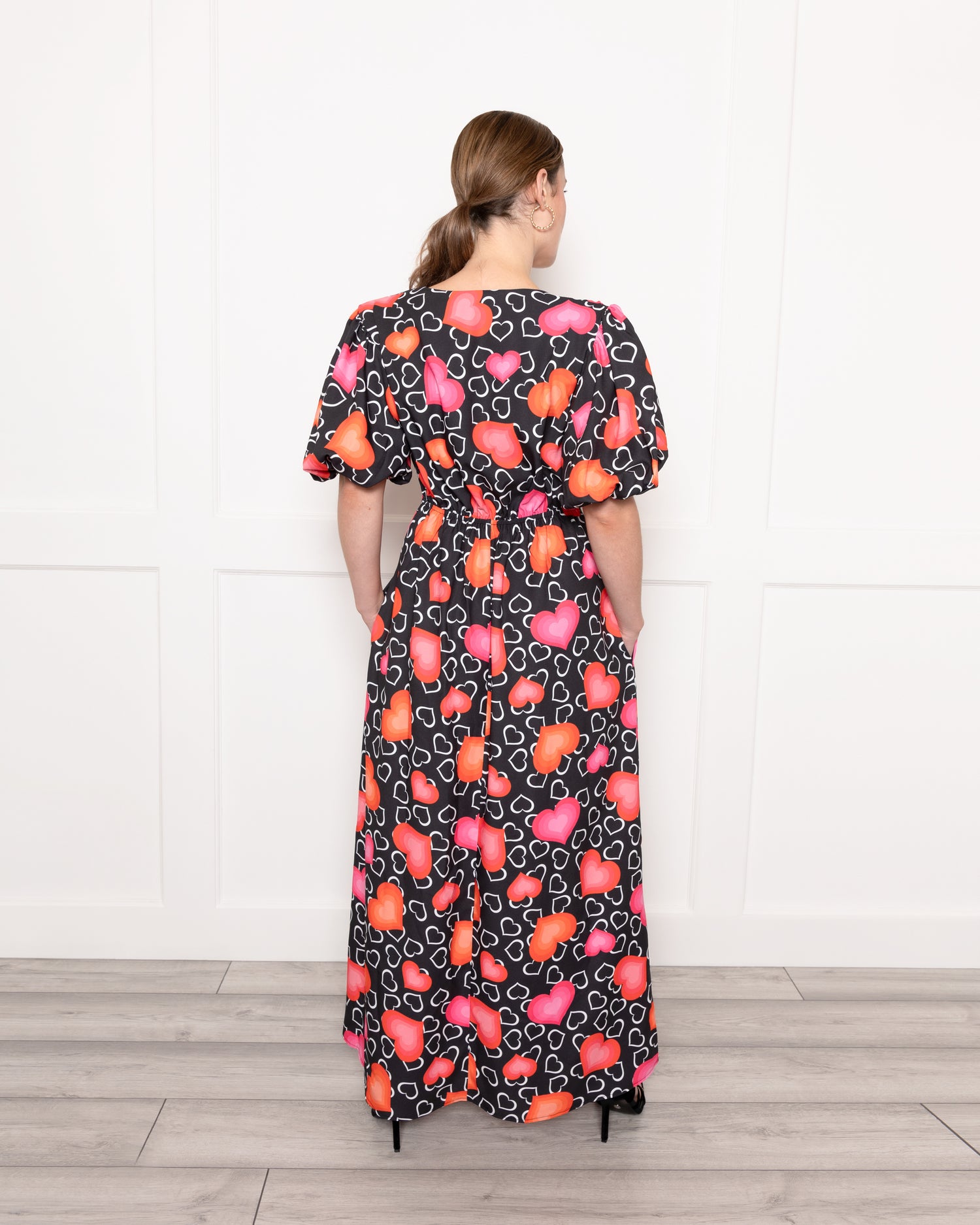 heart print maxi dress Brown Heart Print Twist Front Open Back Maxi Dress