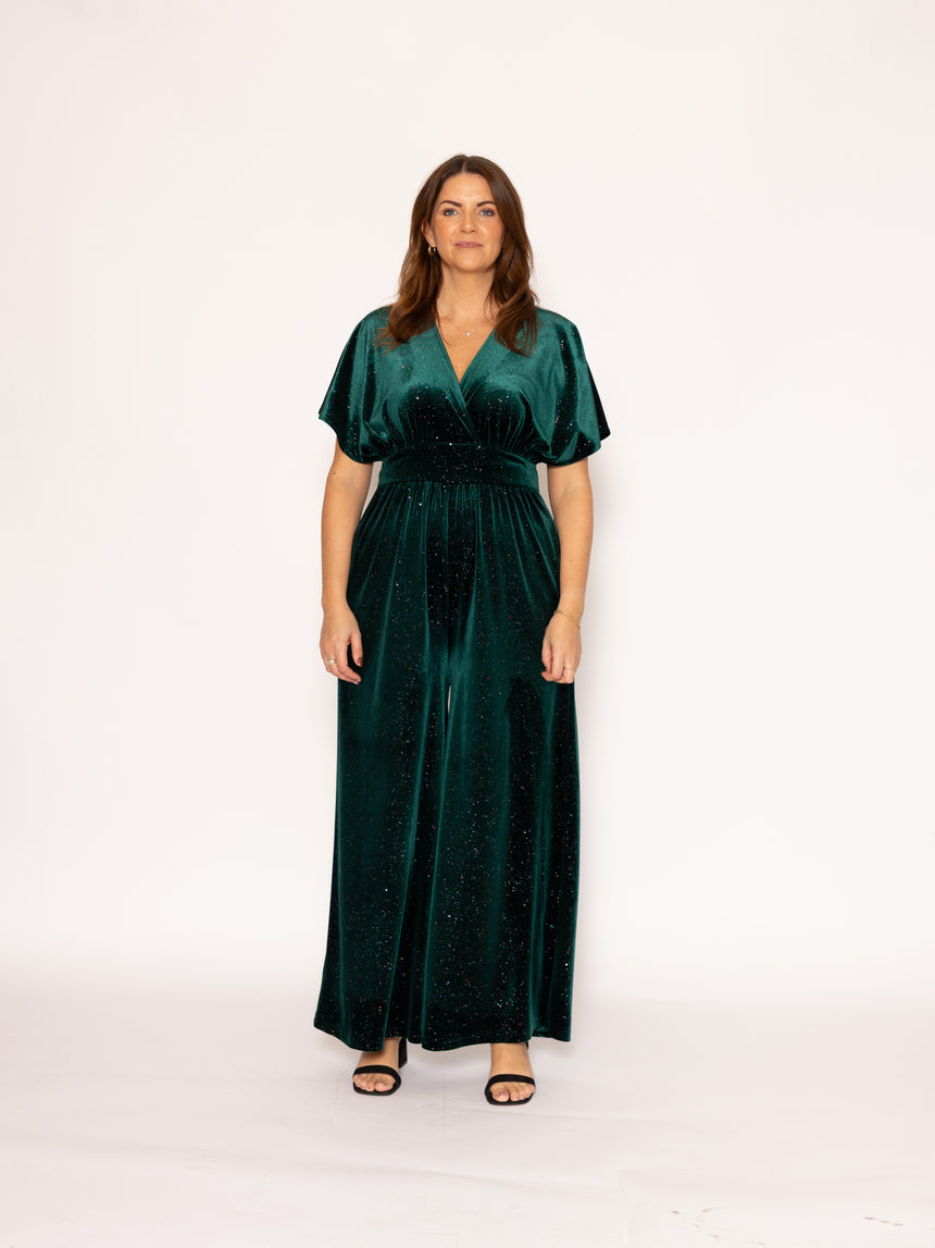 Wide Leg Jumpsuit in Emerald Green Glitter Velvet