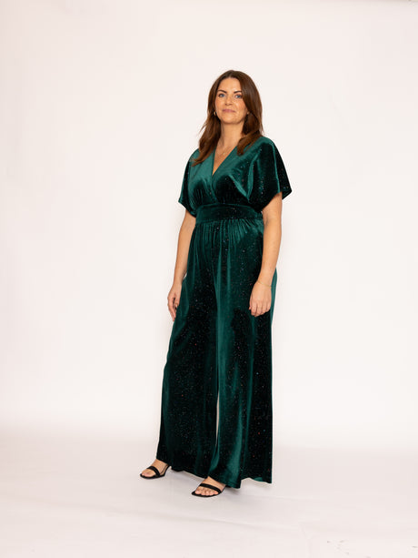 Wide Leg Jumpsuit in Emerald Green Glitter Velvet