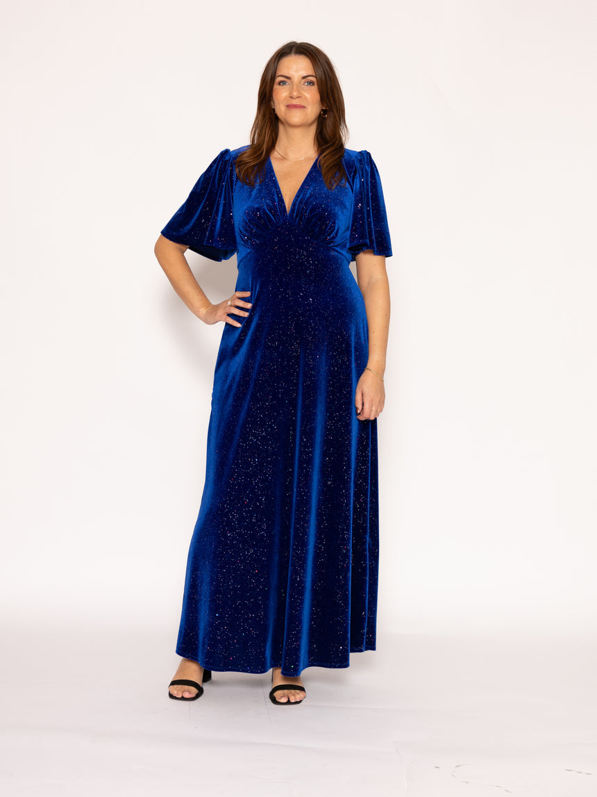 Sophia Glitter Velvet in Cosmic Blue Maxi Dress