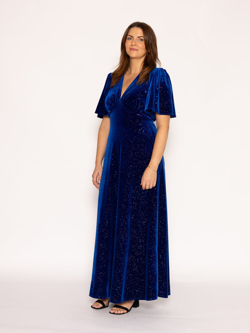 Sophia Glitter Velvet in Cosmic Blue Maxi Dress