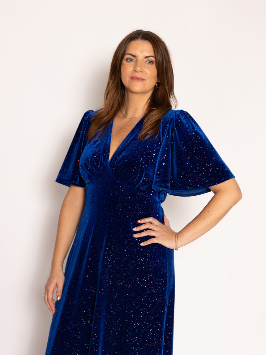 Sophia Glitter Velvet in Cosmic Blue Maxi Dress